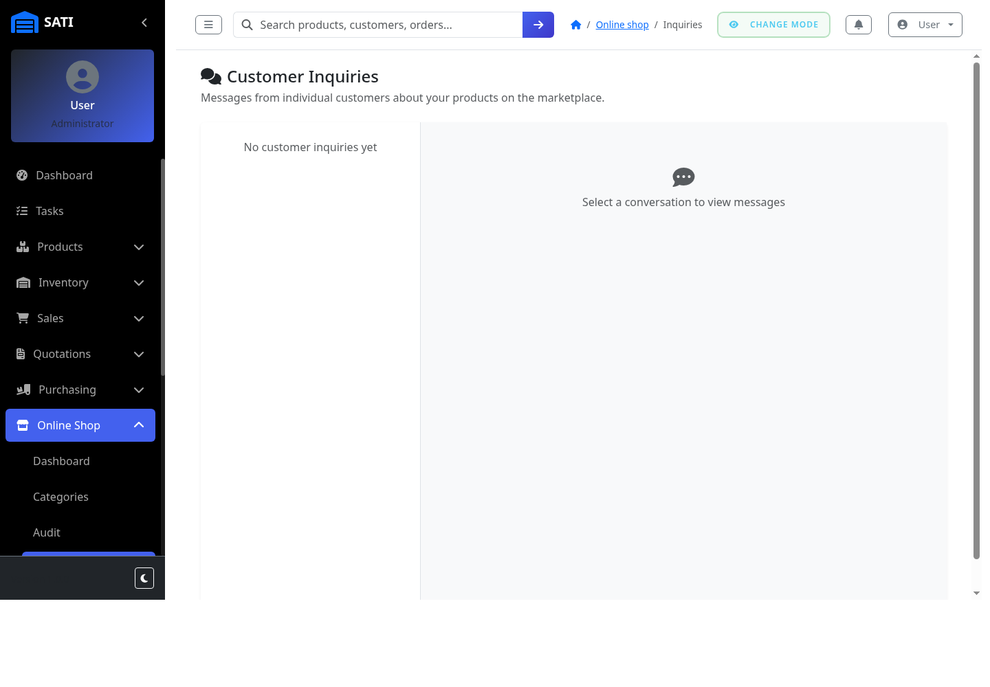 The Customer Inquiries page in MPAZI App, showing an empty conversation list and a "Select a conversation to view messages" panel