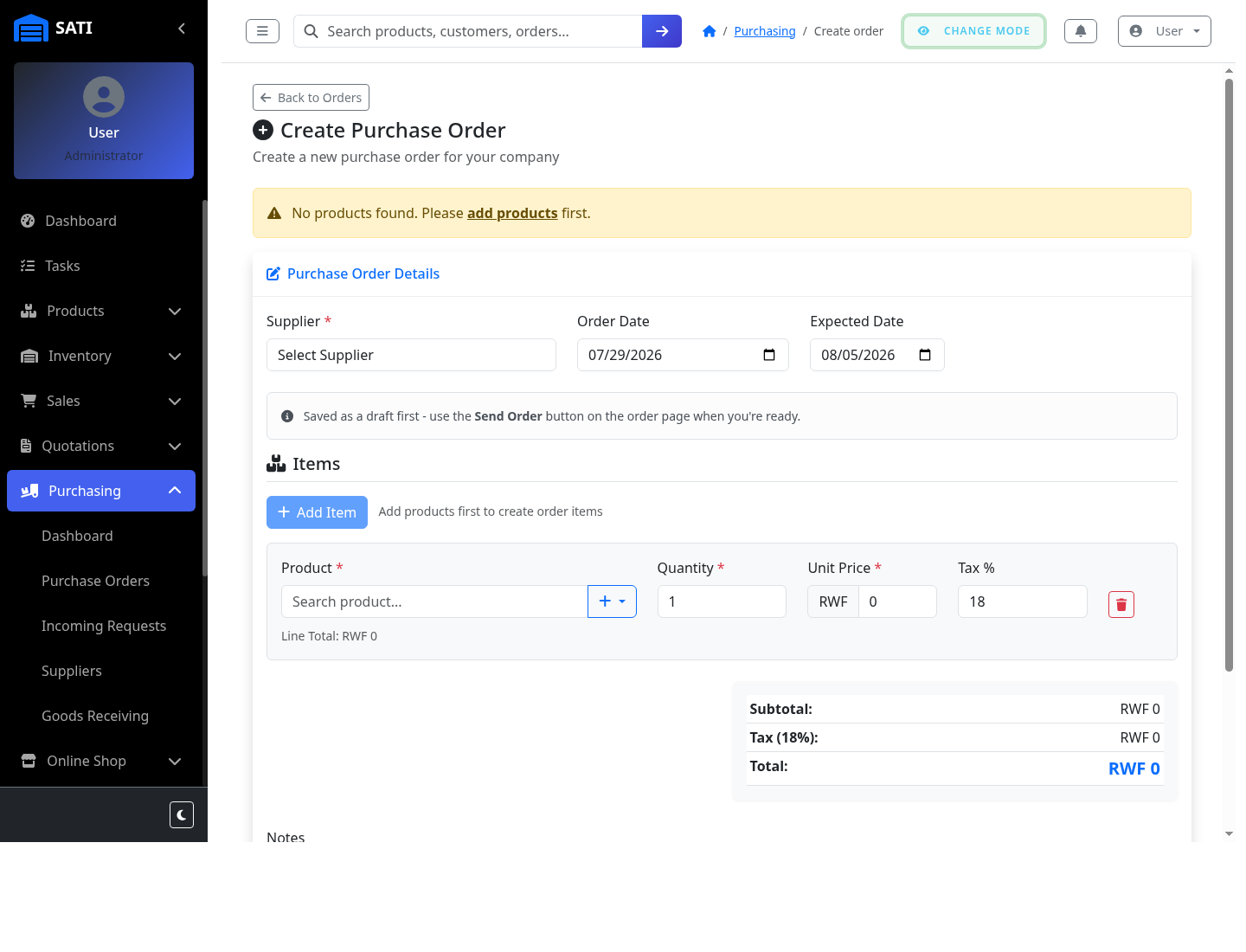 The Create Purchase Order form in MPAZI App, showing supplier and date fields, an items table with Add Item, and a subtotal/tax/total summary box