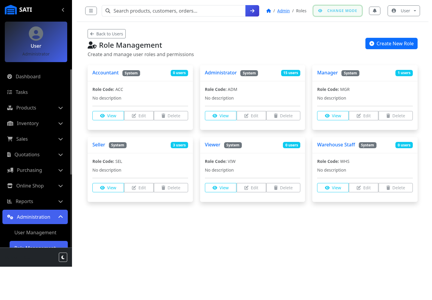 The Roles page in MPAZI App, showing role cards for Accountant, Administrator, Manager, Seller, Viewer, and Warehouse Staff, each with a user count and View/Edit/Delete buttons