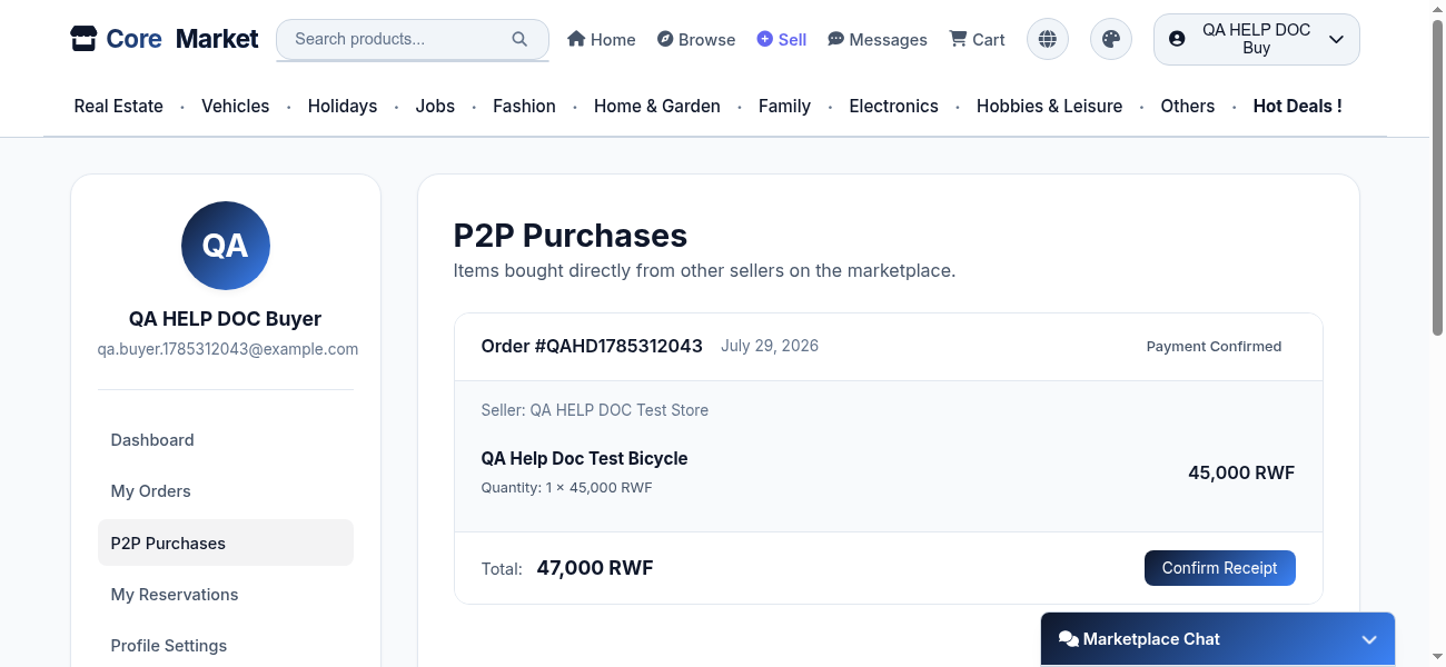 A P2P order card on the P2P Purchases page, showing the order total and a Confirm Receipt button