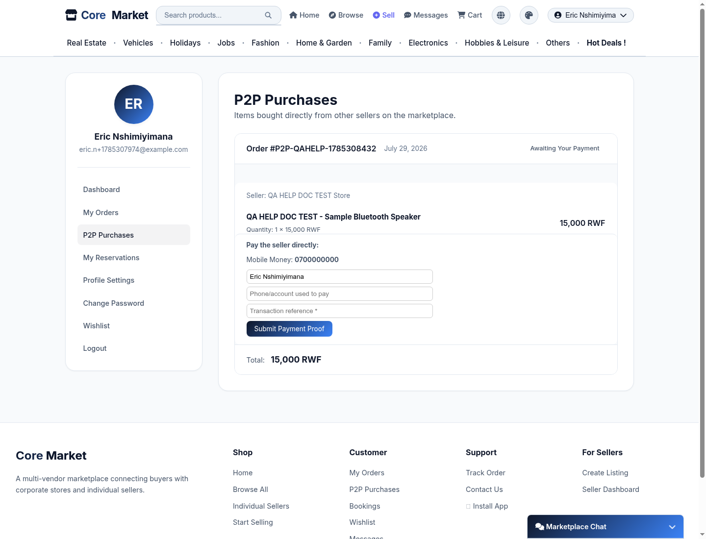A P2P order awaiting payment, showing the seller's Mobile Money number and the payer name, phone, and transaction reference fields