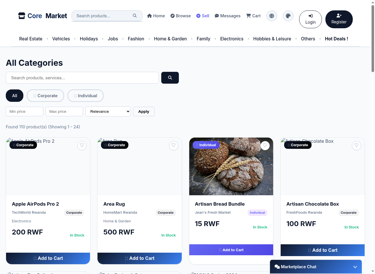 Core Market's search results page, showing category chips, a Corporate/Individual filter, min/max price fields, and a grid of product cards with Add to Cart buttons