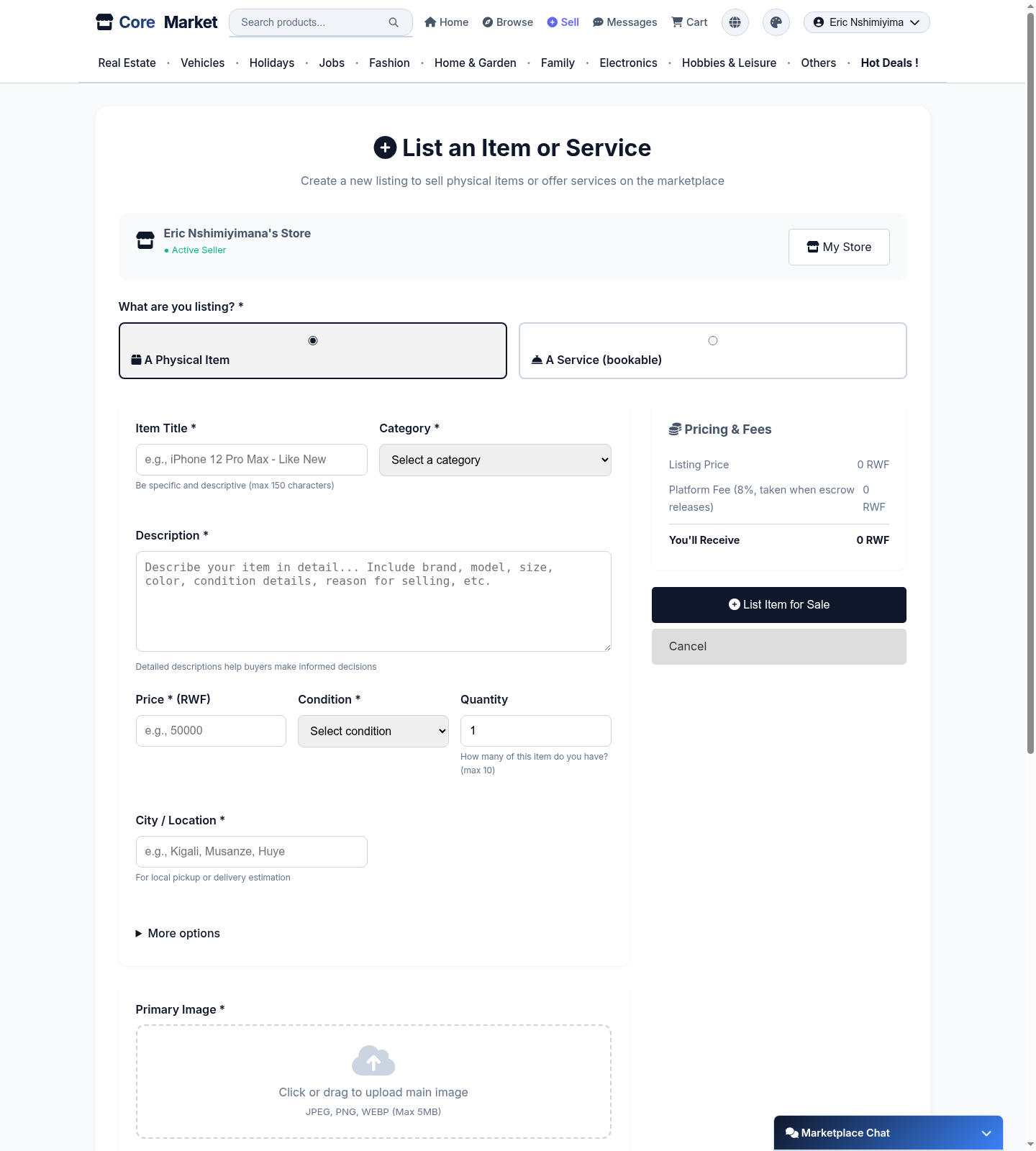 The "List an Item or Service" form on Core Market, showing item/service toggle, title, category, price, and pricing breakdown
