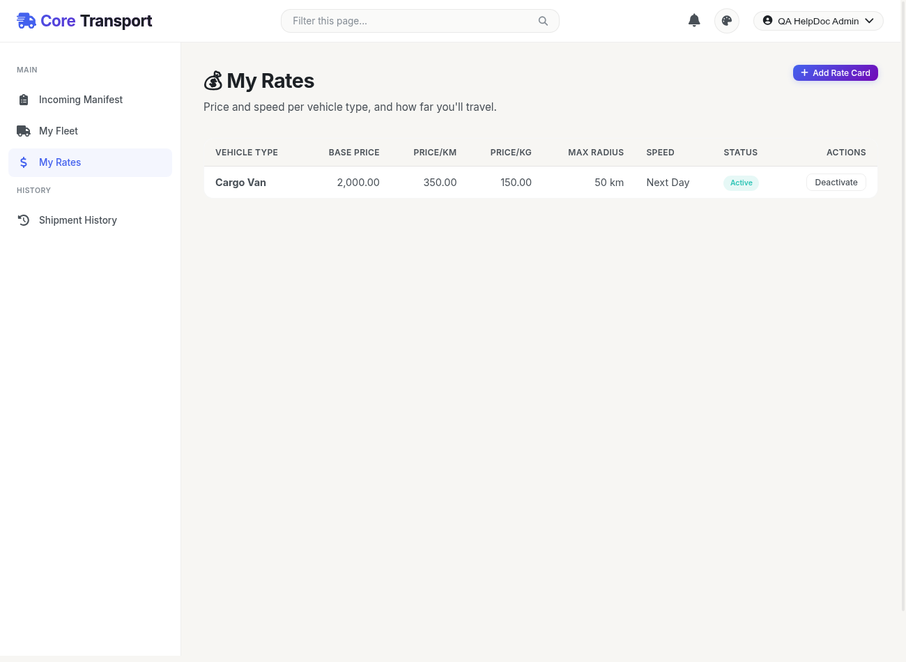 The My Rates page in the Transportation Portal, showing a rate card table with Vehicle Type, Base Price, Price/km, Price/kg, Max Radius, Speed, and Status columns