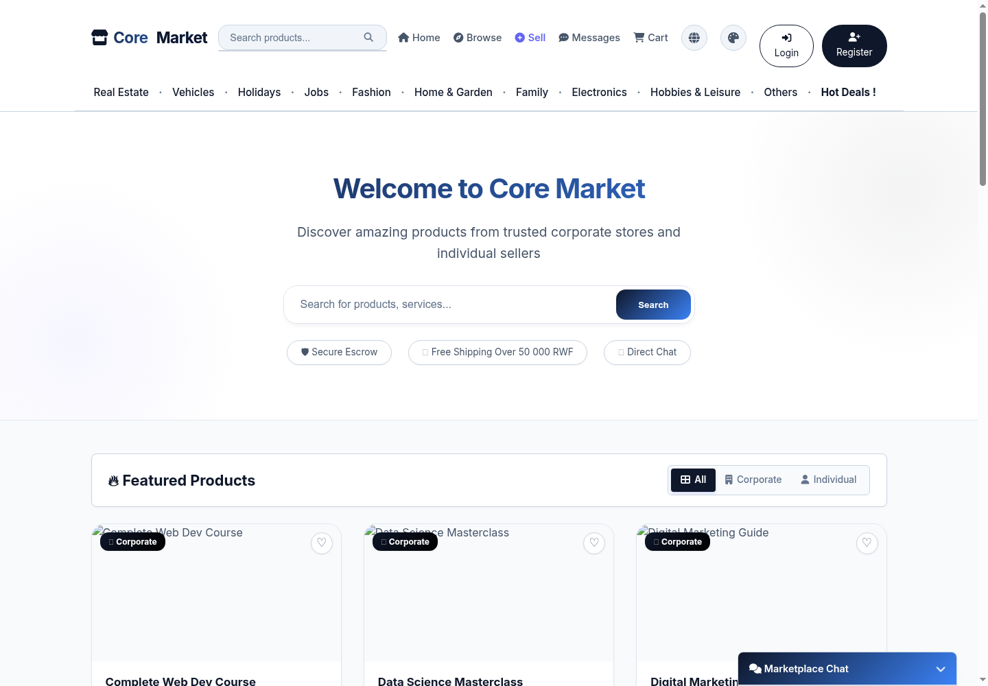 Core Market homepage showing featured products from corporate stores and individual sellers