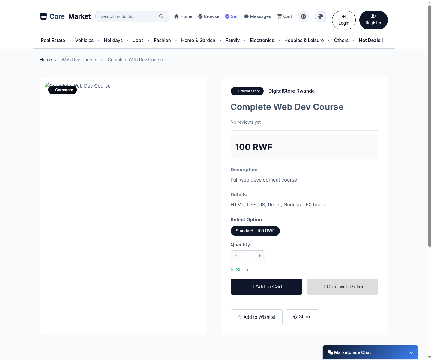 A product page on Core Market with a "Chat with Seller" button next to Add to Cart