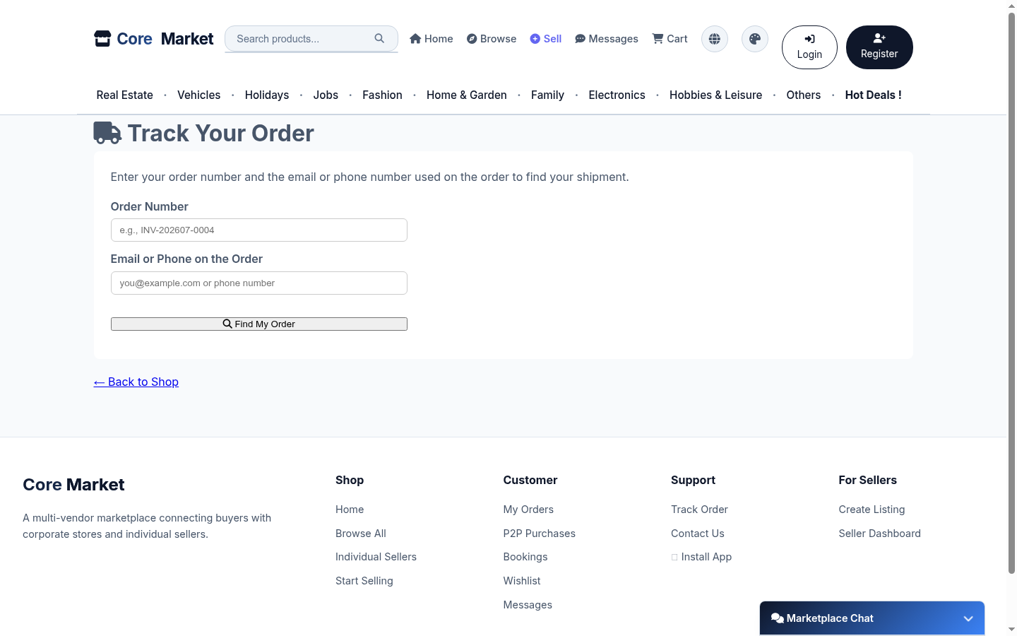 Core Market's public order tracking page