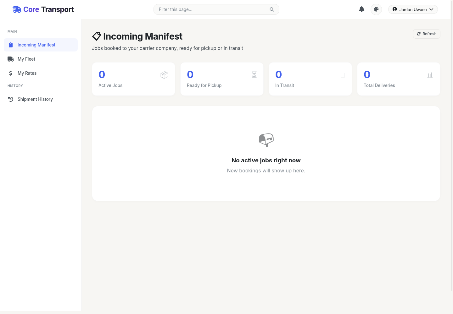 The Transportation Portal's Incoming Manifest page after registering a new carrier company
